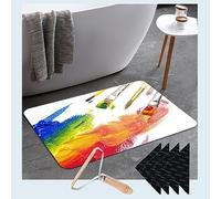 Tapis de bain imprimé de 45 x 75 cm, absorbant et antidérapant en diatomite pour douche, baignoire, cuisine, toilettes avec 4 pinces réutilisables et 1 brosse de nettoyage