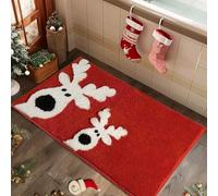 Tapis de bain mignon avec motif renne de Noël - Tapis de salle de bain antidérapant absorbant et lavable - Rouge