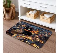 Tapis de bain motif chat d'Halloween volant sur un balai, scène de nuit fantaisie, absorbant, antidérapant, tapis de bain effrayant en flanelle lavable pour salle de bain et toilettes, décoration 40,6