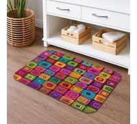 Tapis de bain multicolore géométrique à séchage rapide, motifs carrés lumineux, antidérapant, flanelle lavable, pour décoration de salle de bain, 40,6 x 61 cm