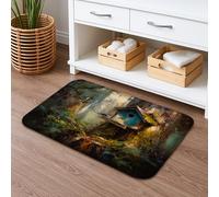 Tapis de bain rustique inspiré d'un nichoir à oiseaux - Scène artistique de la nature verte et bleue - Antidérapant - En mousse à mémoire de forme - Lavable - Pour salle de bain et toilettes - 50,8 x