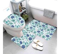 Tapis De Bain Trois Pièces Coquillage Bleu Corail Douche Coussin Décoratif Antidérapant Tapis Contour WC, pour Chambre, Cuisine, Bathroom