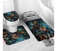 Tapis de Bain Trois Pièces,Feuilles de Tigre Animal Sauvage Africain Plante Tropicale Feuilles Bleues Confortables Tapis en Forme de U Antidérapants Couvre Couverture de Toilette