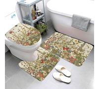 Tapis De Bain Trois Pièces Feuilles Fleur Papillon Rouge Herbes Vert Bath Mat Antidérapant Imprimer Antidérapant Tapis De Bain + Contour + Abattant WC, pour Chambre, Cuisine, Bathroom
