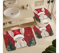 Tapis De Bain Trois Pièces Lapin De Noël Portant Un Bonnet Rouge Toilette en Forme De U Mat Antidérapant Imprimer Tapis Contour en U, pour Bathroom, Cuisine, Chambre
