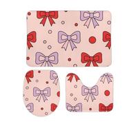 Tapis De Bain Trois Pièces Nœuds Rouges Et Roses À Pois Couverture De Toilette Siège Doux Décoratif Ensemble Salle De Bain, pour Bathroom, Cuisine, Chambre