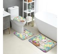 Tapis De Bain Trois Pièces Pâques Lapins Colorés Œufs Vitrail Couverture De Toilette Siège Confortable Décoratif Set De Tapis Toilette, pour Bathroom, Chambre, Cuisine