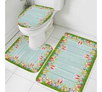 Tapis De Bain Trois Pièces Pâques Printemps Lapin Oreilles Œufs Colorés Grain De Bois Couverture De Toilette Siège Décoratif Doux Tapis Contour WC, pour Chambre, Cuisine, Bathroom