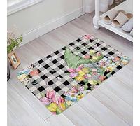 Tapis De Bienvenue 40X60Cm, Tulipe GNOME Miel Marguerite Fleur Carreaux Noirs Et Blancs Tapi De Sol D'Intérieur Facile À Nettoyer Tapis De Porte pour Cuisine Salle De Bain Porte D'Entrée