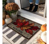Tapis de bienvenue à motif de feuille d'automne, paillasson rouge et orange pour décoration intérieure et extérieure, tapis d'entrée rustique saisonnier antidérapant, résistant à l'eau, facile à