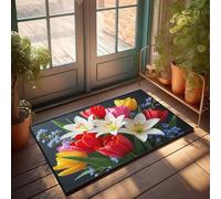 Tapis de bienvenue amusant et coloré avec bouquet de printemps avec tulipes et lys, tapis d'extérieur pour maison, entrée, ferme, cuisine (50 x 80 cm)