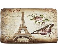 Tapis De Bienvenue Anti-Poussière Tapis De Bain Timbre Vintage Paris Tour Eiffel Rétro Fleur Papillon Roses Antidérapant Tapi De Sol D'Intérieur pour Couloir Chambre Salle De Bain 40X60Cm