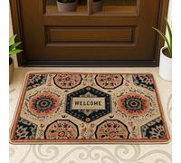 Tapis de bienvenue vintage floral, terre cuite et bleu marine pour entrée intérieure et extérieure, style bohème, antidérapant, absorbant, facile à nettoyer, 73,7 x 43,2 cm