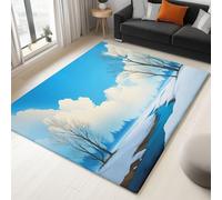 Tapis de Bleu Imprimé, Paysage Neige Rivière Arbres Vectoriel Tapis Poil Court Grand, Tapis Doux Antidérapant, Léger Résistant pour Salon Chambre à Coucher Salle à Manger Décoration 120 x 170 cm
