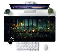 Tapis de Bureau avec Plantes Vertes et Chat Mignon, XXL, Style Anime, Souris de Jeu esthétique Lofi, Tapis de Bureau Complet, Joli décor de Lieu de Travail