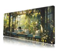 Tapis de Bureau esthétique Motif Chat Mignon, Plantes Vertes, Anime, kawaï, Grand Tapis de Souris pour Ordinateur Portable, XL, 80 x 30 cm avec Bords Cousus Base en Caoutchouc antidérapant