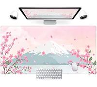 Tapis de bureau japonais en fleur de cerisier rose pastel Mt Fuji Japon Grand tapis de souris XXL 80 x 40 cm, motif floral mignon pour femme, décoration de bureau, ordinateur portable, clavier