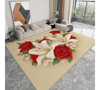 Tapis de Chambre 160 x 230 cm Moquette Doux Imprimé Romantique Plante Fleurs Rayures, Tapis de Salon Antidérapant Lavable Decor Français - Moquette pour Salle de séjour Chambre d'enfant Salle de Jeu