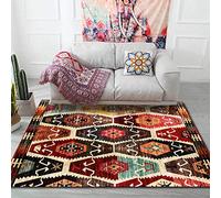 Tapis de chambre à coucher ou salon lavable doux à poils courts qui ne tombent pas Style ethnique rétro géométrique multicolore rouge 160 x 200 cm