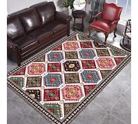 Tapis de chambre à coucher ou salon lavable doux à poils courts qui ne tombent pas Style ethnique rétro géométrique bleu et rouge 160 x 200 cm