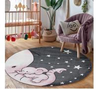 Tapis de chambre d'enfant éléphant et étoiles - CARPETTEX - 160 cm Rond - Gris-Blanc-Rose