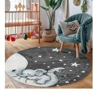 Tapis de chambre d'enfant éléphant et étoiles Gris-Blanc-Bleu - CARPETTEX - 120 cm Rond - Synthétique - Enfant