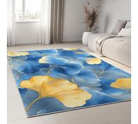 Tapis de Chambre Doux Imprimé Aquarelle Luxe Plantes Feuilles, Tapis de Salon 100 x 160 cm Moquette Antidérapant Lavable Bleu Or - Moquette pour Salle de Séjour Chambre d'enfant Salle de Jeu