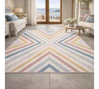 Tapis de Chambre Lavable Motif Géométrique Multicolore, Rose, 100 x 100 cm | Design moderne motif géométrique, protection sol antidérapante, entretien facile en machine