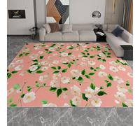 Tapis de Chambre Minimalist Rose, Paillasson Moquette de Salon à Poils Ras, Feuilles Vertes Fleurs Imprimé Lavable Tapis Intérieur pour Décor de Cuisine Et de Salle à Manger 80 x 150 cm
