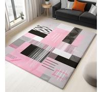 Tapis de Chambre Tapis Moderne Fille Flanelle Petit Lavable en Machine Antidérapant Doux Blocs Géométriques Rose Gris Style Scandi Contemporain Maison Chic 60x90cm