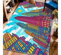 Tapis de construction, urbain, contemporain, ciel, soleil, bleu d'été, envers antidérapant, tapis rectangulaire qui ne perd pas ses poils pour salon, chambre à coucher, dortoir, cuisine, décoration