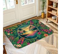Tapis de coucher de soleil - Tapis tropical vibrant avec motif de palmiers d'été vert antidérapant pour entrée, salle de bain, cuisine, décoration de porte, 0,6 x 0,9 m