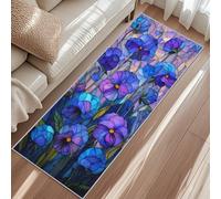 Tapis de Couloir 50x100 cm Motif Floral en Vitrail, Tapis de Passage Fleurs de Pensée Bleu-Violet Antidérapant Lavable en Machine, Carpet Long pour Cuisine, Chambre, Entrée, Salon, Buanderie e1&86