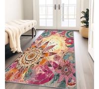 Tapis de Couloir 60 x 150 cm, Poil Ras Tapis de Passage Couloir Antidérapant et Lavable Motif Mandala Aquarelle Vintage Tapis de Sol Long Entrée Doux pour Porte Couloir Cuisine Chambre, Rose Vert
