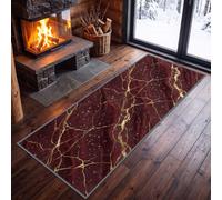 Tapis de Couloir 75 x 200 cm Poil Ras Tapis de Passage Couloir | Marbre Bourgogne Moquette de Sol Long Antidérapant Luxe Veines Feuille Or Porte Cuisine Buanderie Chambre Moquette