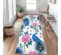 Tapis de Couloir 80 x 250 cm Paon Bleu Tapis Couloir Floral Papillon Passage Lavable en Machine Antidérapant Long Carpet Entrée Cuisine Chambre Salon Doux Poil Ras Rug bE&O210