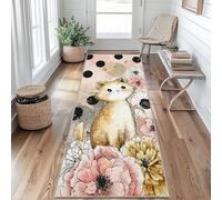 Tapis de Couloir 80 x 300 cm Chat Tapis Couloir Aquarelle Fleurs Passage Lavable en Machine Antidérapant Long Carpet Entrée Cuisine Chambre Salon Doux Poil Ras Rug cL&S158
