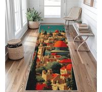 Tapis de Couloir 80 x 300 cm Ville Européenne Tapis Couloir Dôme du Rocher Passage Lavable en Machine Antidérapant Long Carpet Entrée Cuisine Chambre Salon Doux Poil Ras Rug jF&S145