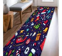 Tapis de couloir avec chapeau de Père Noël, cloche de Noël, boîte cadeau, rouge, antidérapant, rectangulaire, bordure pour cuisine, porte, entrée, décoration de chevet, 0,6 x 2,4 m