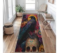 Tapis De Couloir Corbeau, Tapis De Passage Tête de Mort Fleurs, Carpet 60x120cm Lavable Et Antidérapant Poils Ras pour Aux Buanderies Et Aux Chambre Rugs