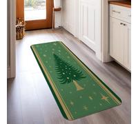 Tapis de couloir de sapin de Noël traditionnel festif avec étoiles dorées et rayures vertes de Noël antidérapant pour intérieur - Ne perd pas ses poils - Pour cuisine, entrée, chevet, buanderie - 0,6