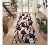 Tapis de Couloir Dessin Animé Animaux de Compagnie Plaisir 80 x 200 cm | Tapis de Passage Mignon Blanc Noir Jaune Chaton Lavable en Machine pour Salon Kitchen Chambre enfant Descente de Lit