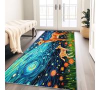Tapis De Couloir Impressionnisme Cerf Prairie Antidérapant Lavable en Machine Bleu Tapis Long Étroit pour Entrée Cuisine Salon Chambre, Doux Et Confortable Surface Flanelle 60X150 Cm
