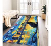 Tapis De Couloir Impressionnisme Chat Noir Ville 60X150 Cm Antidérapant Lavable Jaune Tapis Long Étroit pour Couloir Cuisine Chambre Salon Tapis Fin Moderne