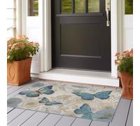 Tapis de Couloir Lavable et Antidérapant, Bleu Chemin de Passage à Poils Ras pour Entrée Cuisine, Champs Ruraux Animaux Papillons Fleurs Long Doux pour Animaux et Enfants, 80 x 150 cm