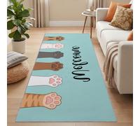 Tapis de Couloir Lettres De Bienvenue Lavable 80 x 300 cm Bleu-Vert | Empreintes De Pattes De Dessin Animé Modernes, Poil court doux, lavable en machine, antidérapant, idéal pour salon, chambre