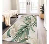 Tapis de Couloir Long 60x180 cm - Design Tropical Feuilles de Palmier Vert et Beige - Chemin de Passage Antidérapant et Lavable - Idéal Entrée, Cuisine et Chambre
