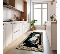 Tapis de Couloir Long Antiderapant 60 x 150 cm Motifs Floraux Et Grecs Tapis de Cuisine Devant Evier Lavable en Machine Passage paillasson de Porte d'Entrée Interieur pour Couloir, Cuisine, Noir