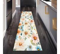 Tapis de Couloir Long Aquarelle Fleur Tapis de Cuisine Antidérapant Floral Marguerite Lavable en Machine Printemps Botanique Paillasson Doux pour Entrée Intérieur et Chambre 60x150 cm