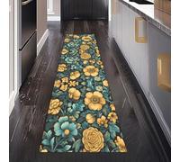 Tapis de Couloir Long Baroque Floral Tapis de Cuisine Antidérapant Botanique Feuilles Lavable en Machine Classique Imprime Paillasson Doux pour Entrée Intérieur et Chambre 60x150 cm